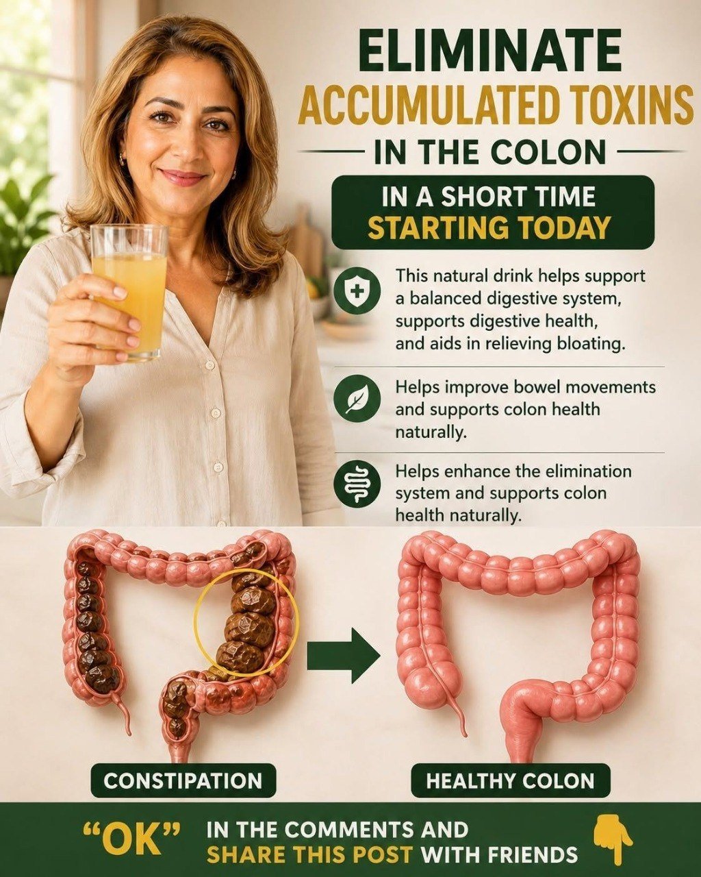 Get rid of the waste that’s been accumulating in your body for a long time. This mixture helps support digestive health and relieve constipation. If you’d like to know the recipe, just type “OK” and I’ll share it with you.