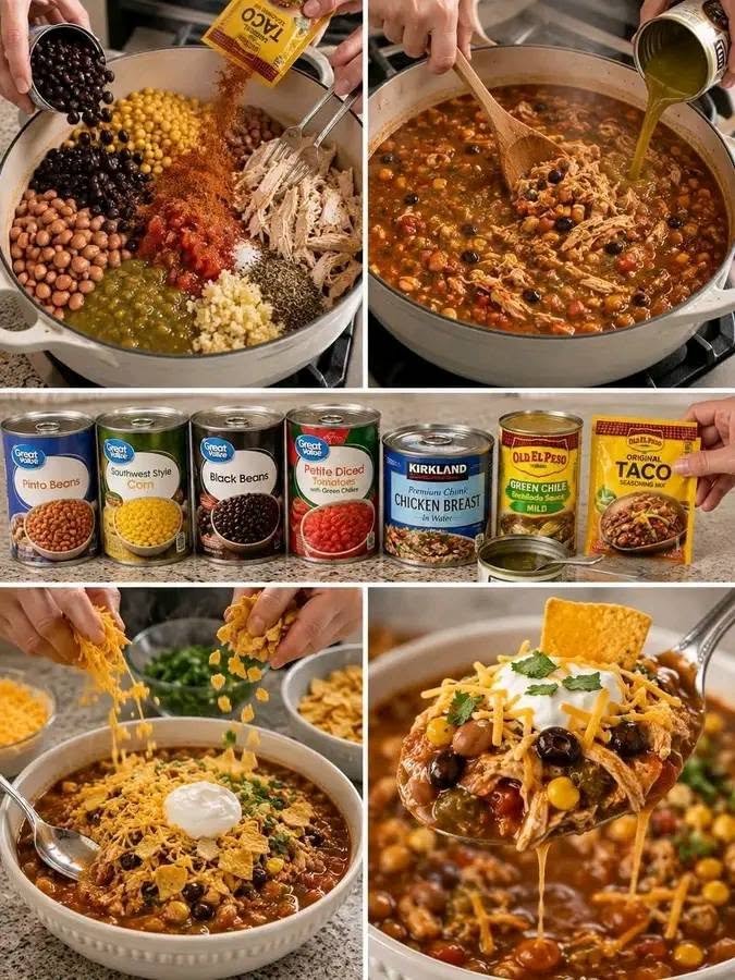 Warm, hearty, and packed with Tex-Mex flavor, this 7 Can Chicken Taco Soup is an easy one-pot meal made for busy days.