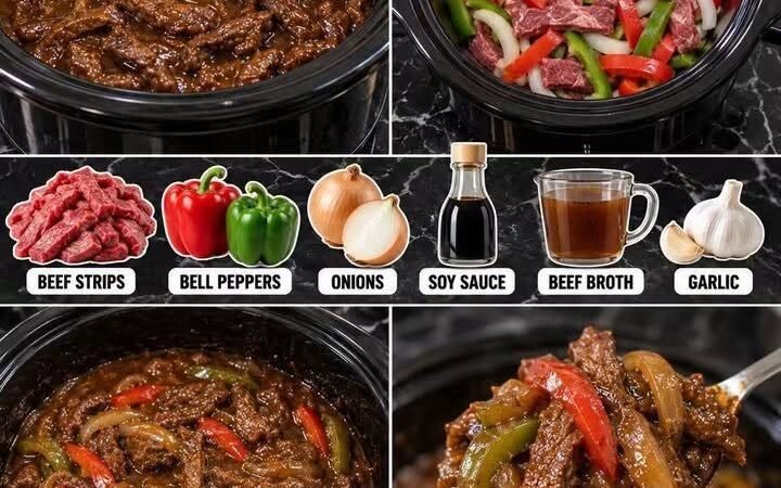 SLOW COOKER BEEF STRIPS WITH PEPPERS & ONIONS