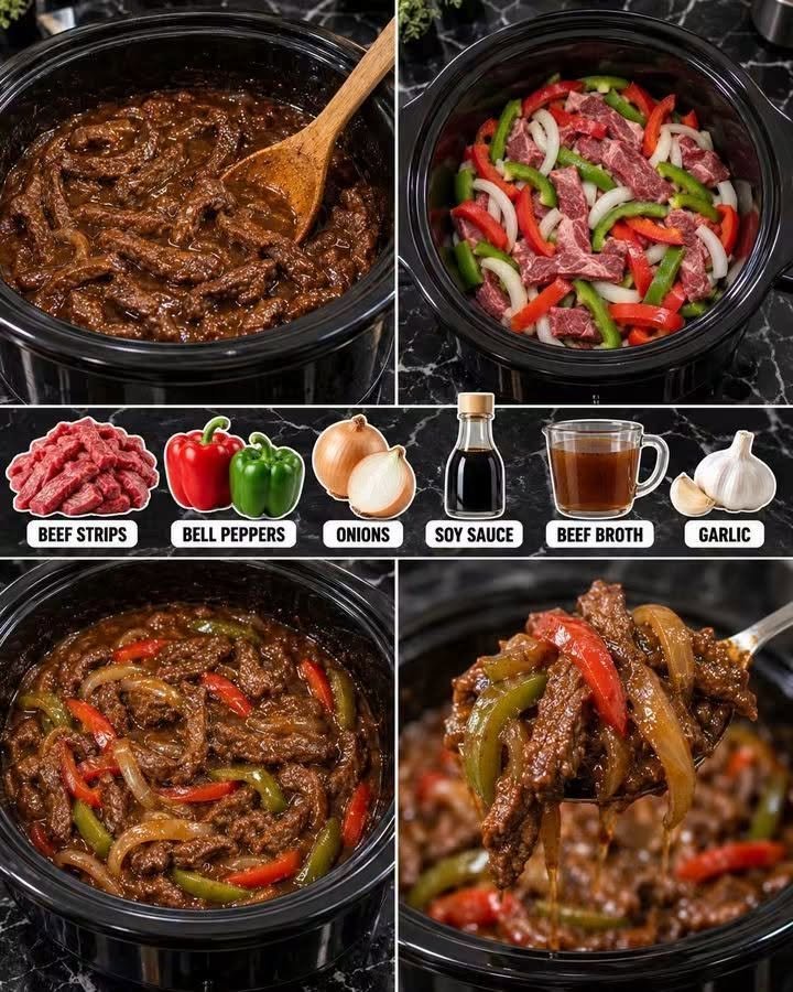 SLOW COOKER BEEF STRIPS WITH PEPPERS & ONIONS